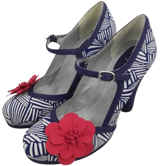 Ruby Shoo Mary Jane Heel Shoes Size EU 38 US 7 Red Flower Retro Geometric - Picture 1 of 12